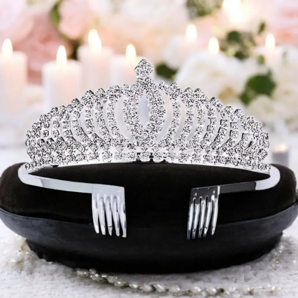 Silver Rhinestone Princess Tiara Crown Bridal Pageant Quinceañera Sweet 16 Party